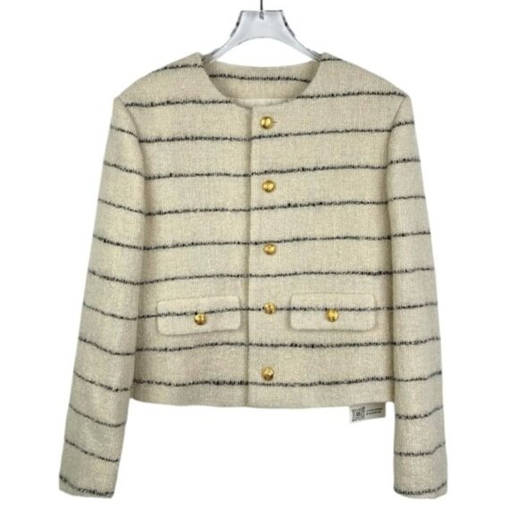 Celine Paris Wool Blend Striped Round Neck Jacket With Gold Buttons & Pockets Si - Picture 1 of 8